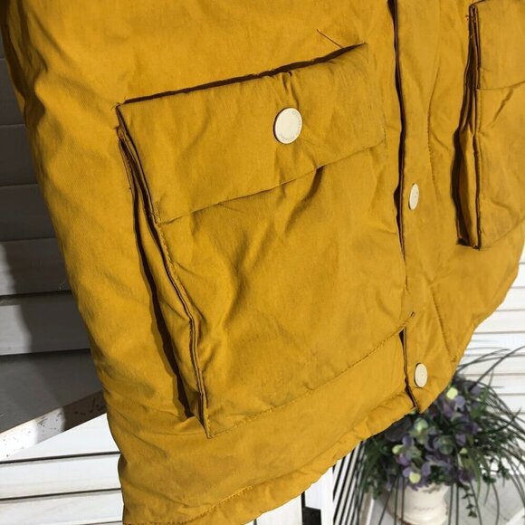 Zara Puffer Jacket Mustard Yellow Faux Fur Hood Size 4/5 - Picture 6 of 9